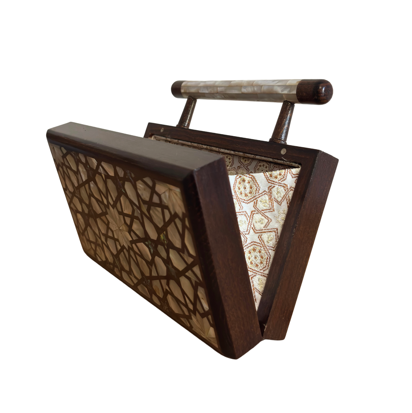 Der Himmlische Stern – Handgefertigte Damaszener Clutch aus Nussbaumholz mit Perlmuttintarsien