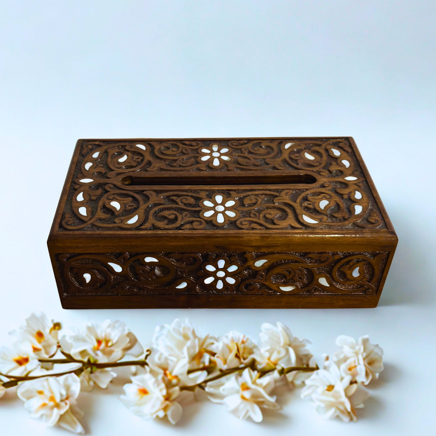Hand-Carved Beechwood Tissue Box with Mother of Pearl Inlay – Walnut Finish Elegance