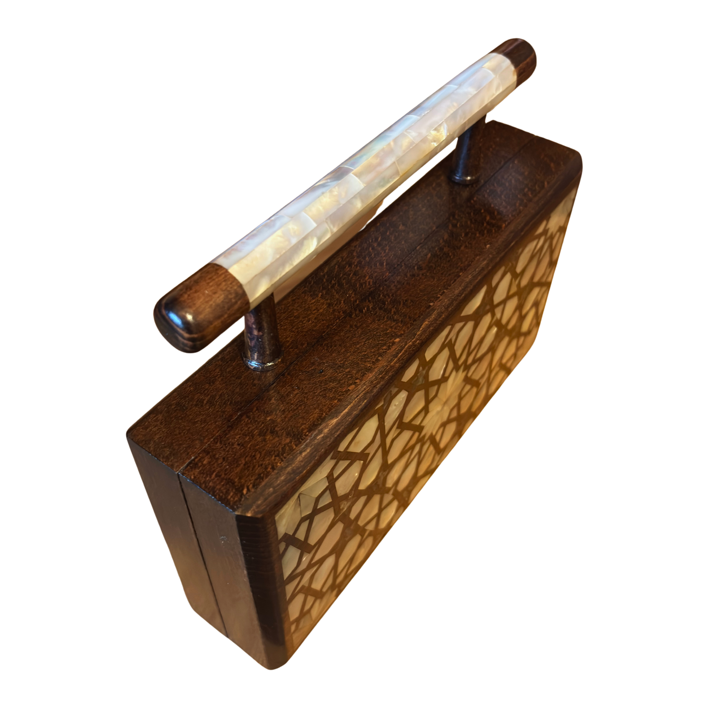 Der Himmlische Stern – Handgefertigte Damaszener Clutch aus Nussbaumholz mit Perlmuttintarsien