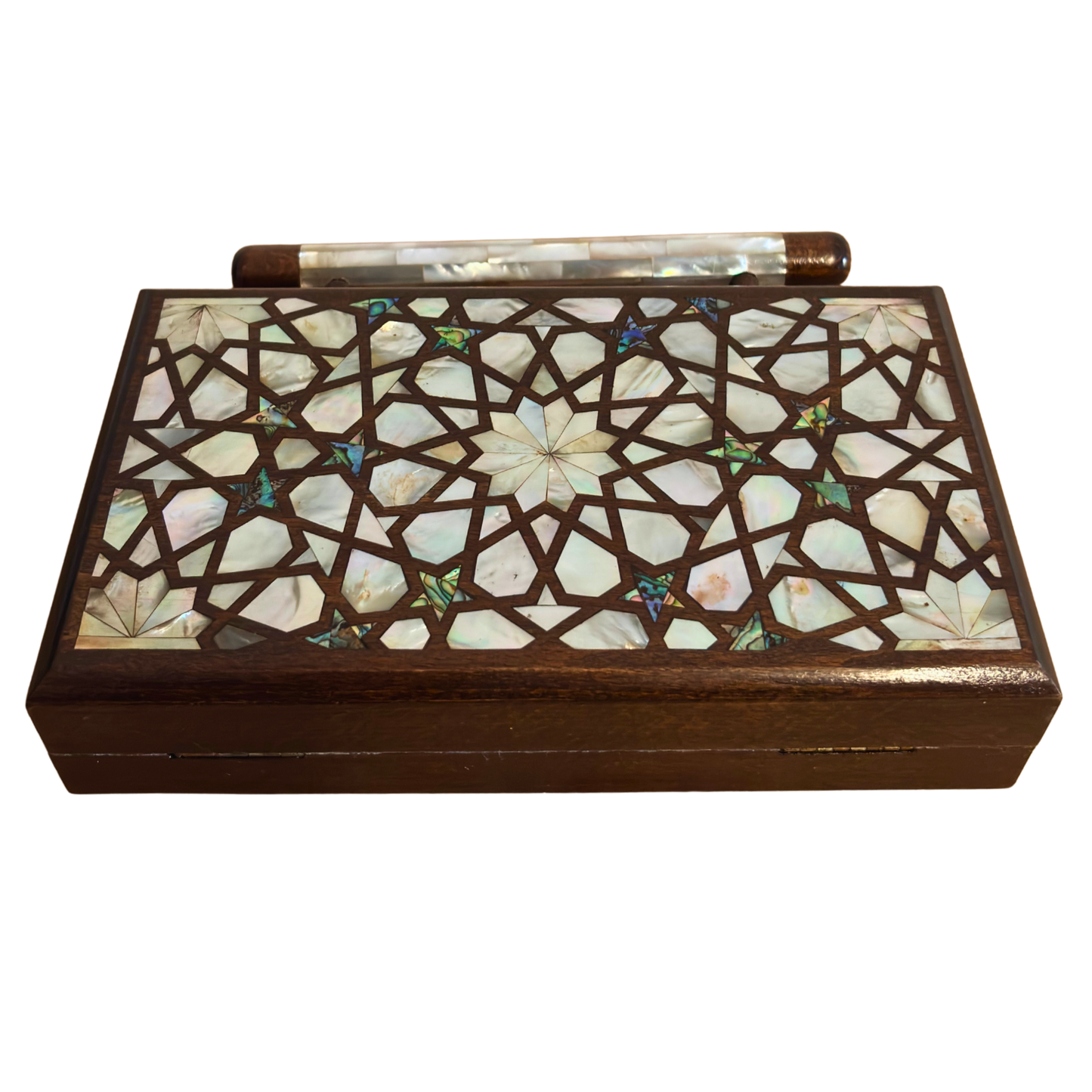 Der Himmlische Stern – Handgefertigte Damaszener Clutch aus Nussbaumholz mit Perlmuttintarsien