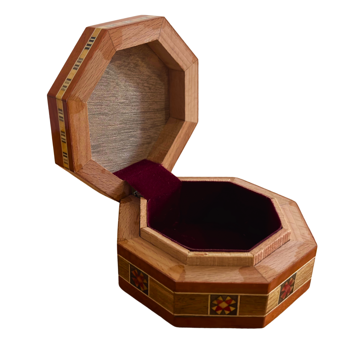 Octagonale damasceense mozaïek sieradendoos – Handgemaakt hout met parelmoer inleg in warme rustieke terracotta