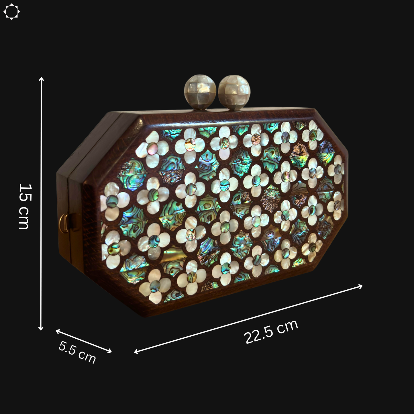 Het Gefluister van Rozen – Handgemaakte Damascener Clutch van Notenhout met Parelmoerroos en Parelketting