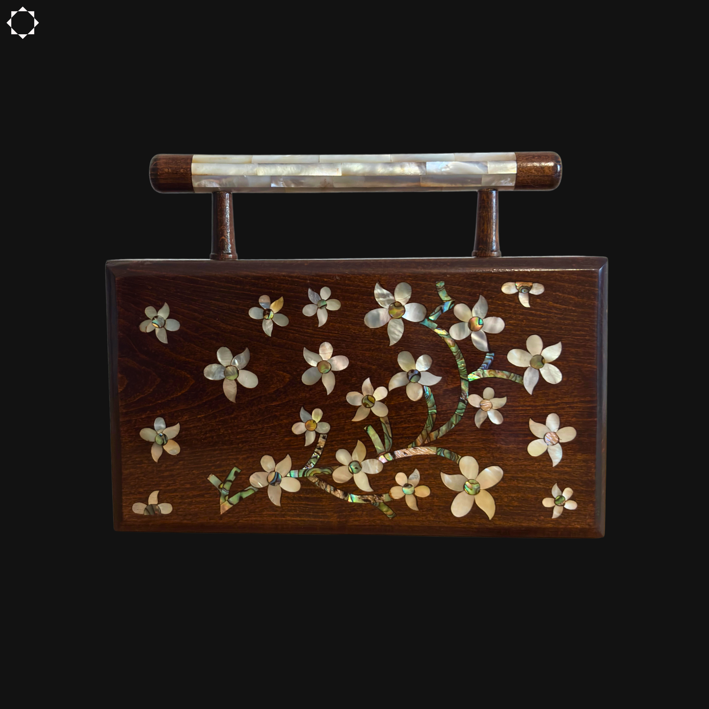 De Jasmijn van Damascus – Handgemaakte Clutch van Notenhout met Parelmoer en Brokaatvoering