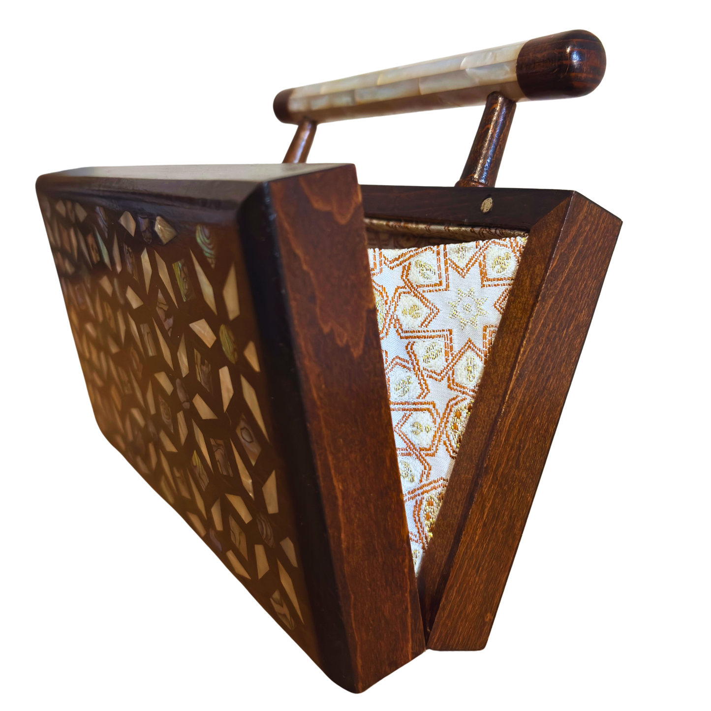 The Garden of Secrets – Handcrafted Damascene Walnut Clutch with Geometric & Botanical Mother of Pearl Inlay