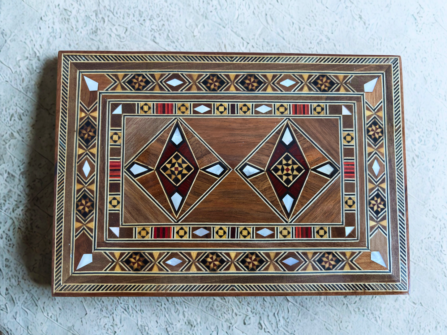 Handgemaakte mozaïek sieradendoos, parelmoer inleg, luxe houten herdenkingskist, Damascene kunst -Limited Edition-