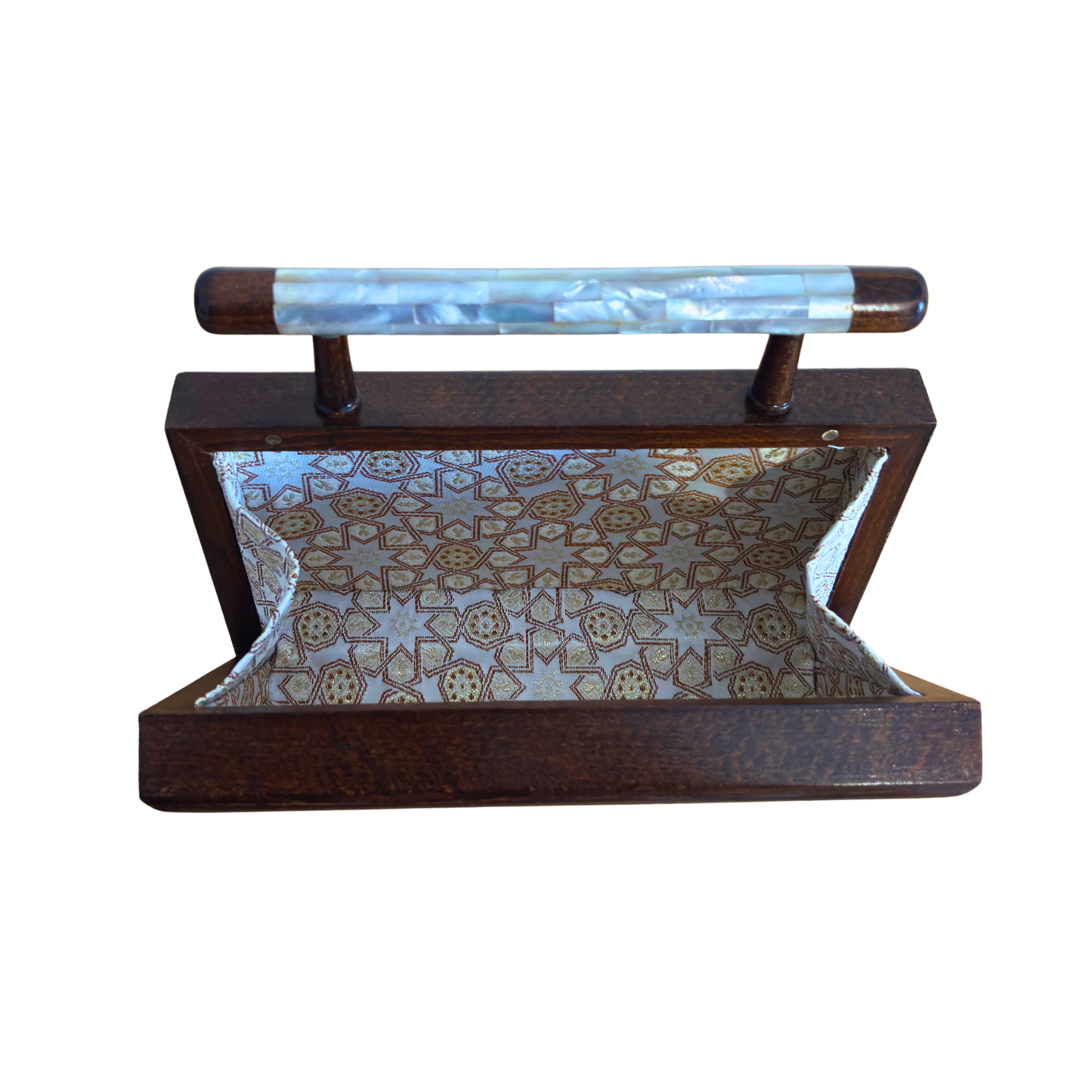 Der Himmlische Stern – Handgefertigte Damaszener Clutch aus Nussbaumholz mit Perlmuttintarsien