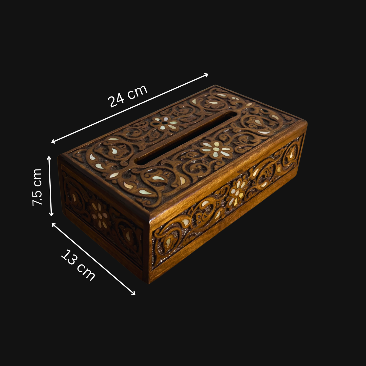 Hand-Carved Beechwood Tissue Box with Mother of Pearl Inlay – Walnut Finish Elegance