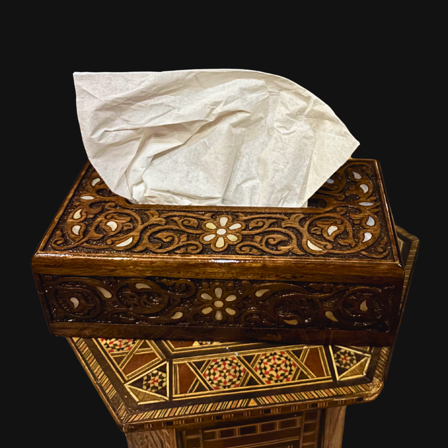 Hand-Carved Beechwood Tissue Box with Mother of Pearl Inlay – Walnut Finish Elegance