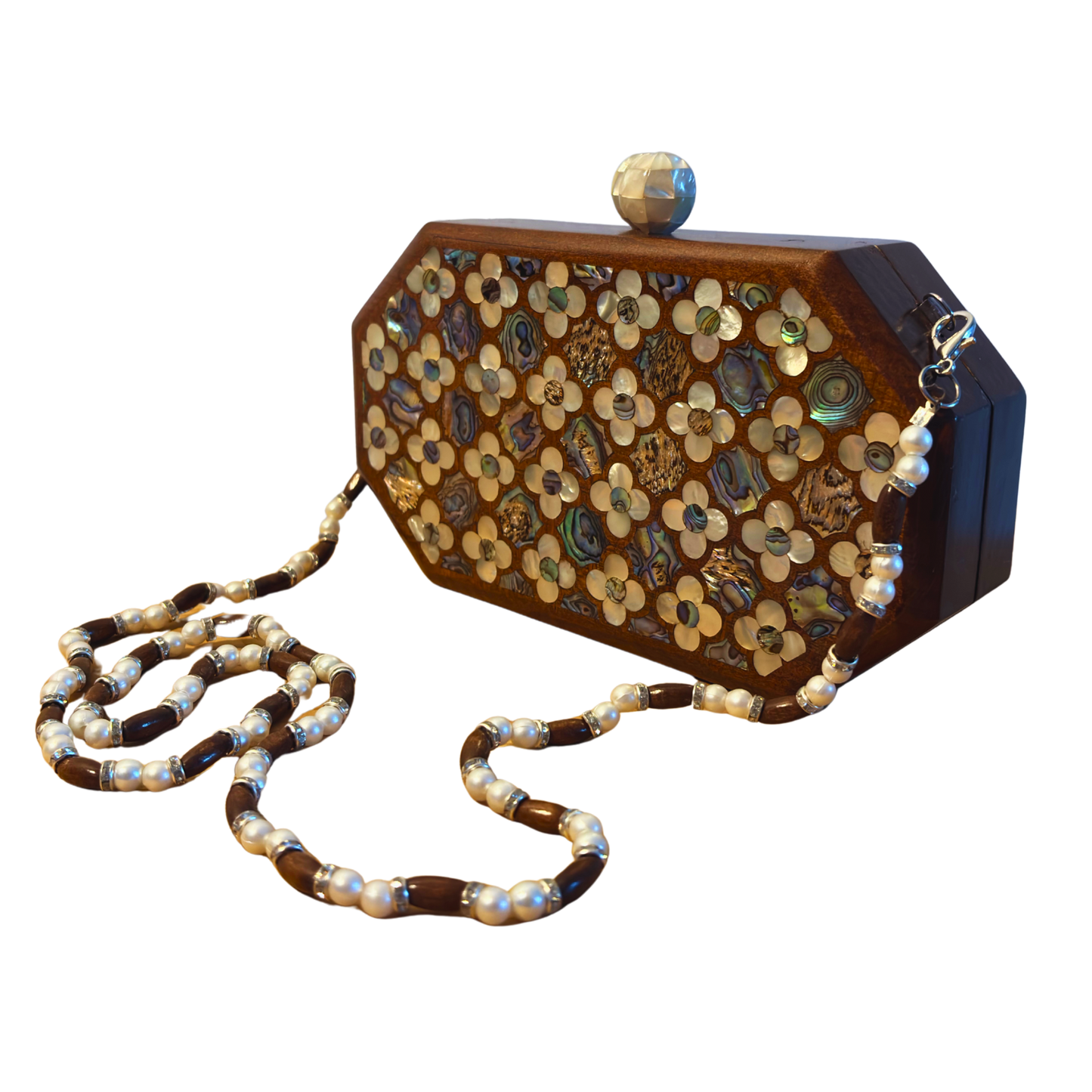 Jouri – Luxury Damascene Clutch with Mother of Pearl Rose Inlay & Pearl Rosary Chain