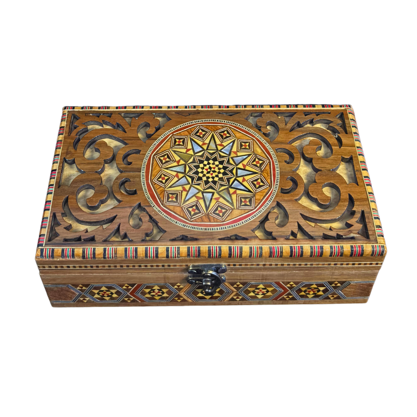 Handgemaakte Damascene Mozaïekdoos – Parelmoer & Houtsnijwerk