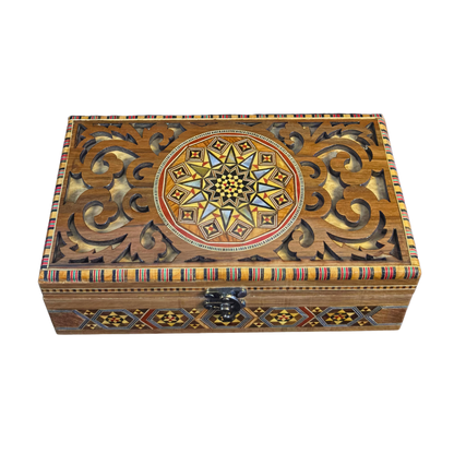 Handgemaakte Damascene Mozaïekdoos – Parelmoer & Houtsnijwerk