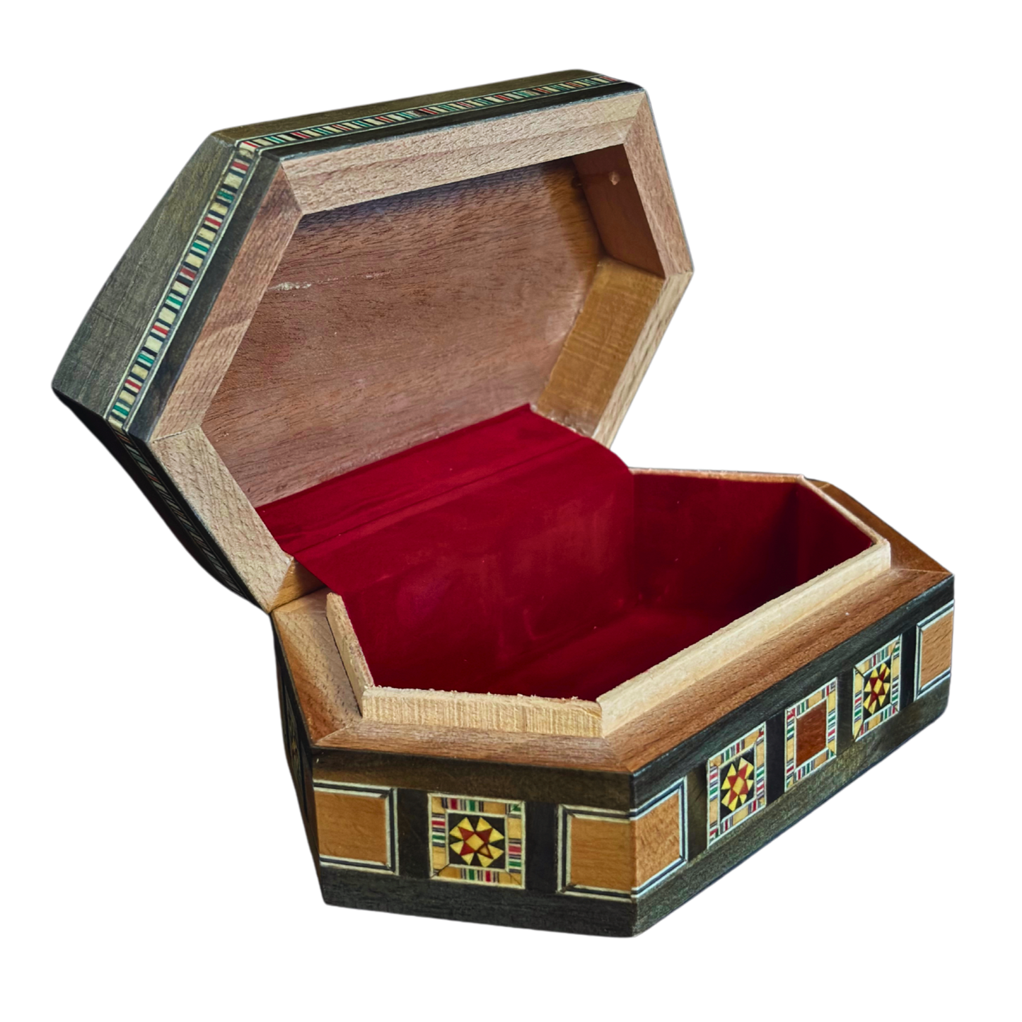 Luxe Damascene mozaïekdoos met echte parelmoerinleg en wijnrood fluwelen interieur.