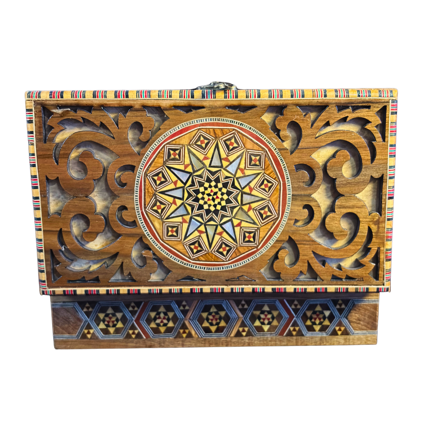 Handgemaakte Damascene Mozaïekdoos – Parelmoer & Houtsnijwerk