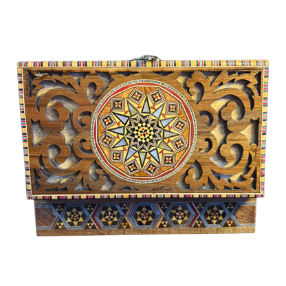 Handgemaakte Damascene Mozaïekdoos – Parelmoer & Houtsnijwerk