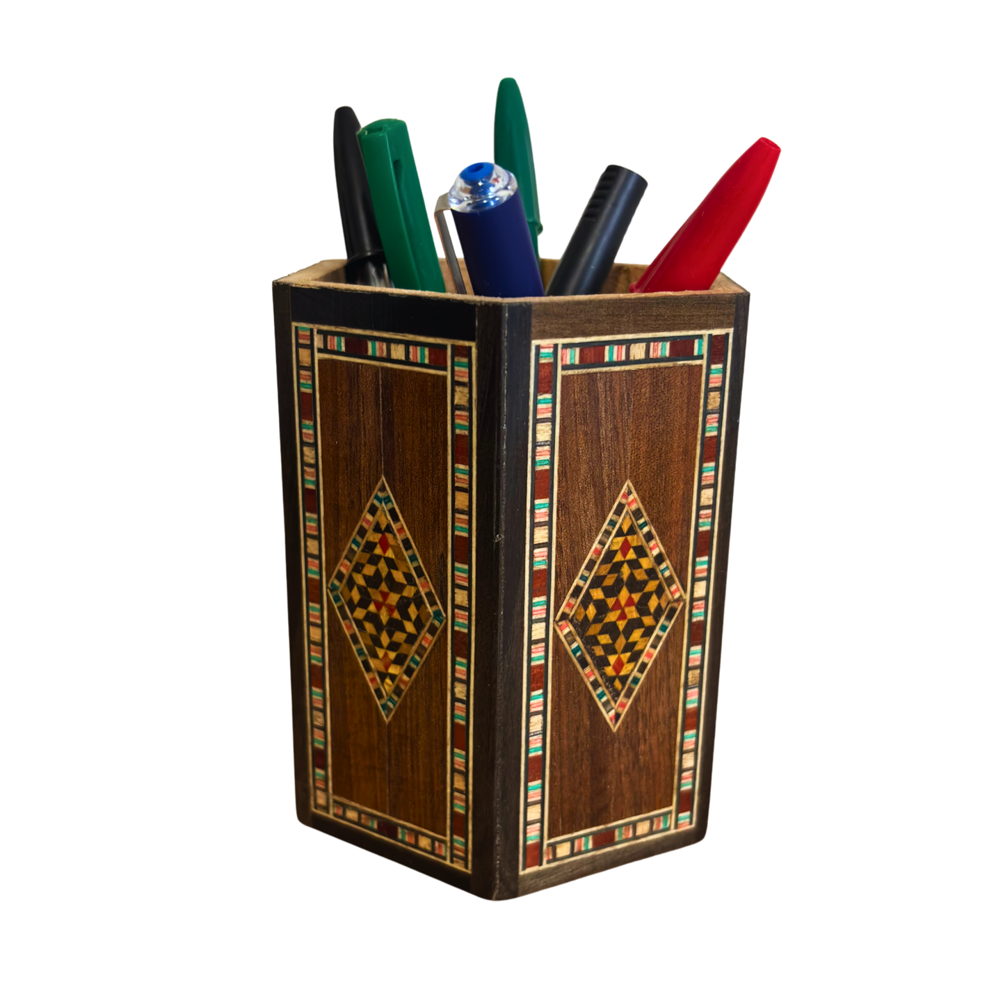 Damascene Mosaic Wooden Pen Holder by Gaby Al Dayeh – Natural Woods & Handcrafted Elegance