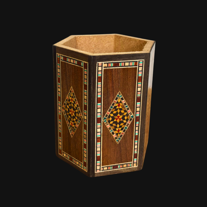 Damascene Mosaic Wooden Pen Holder by Gaby Al Dayeh – Natural Woods & Handcrafted Elegance