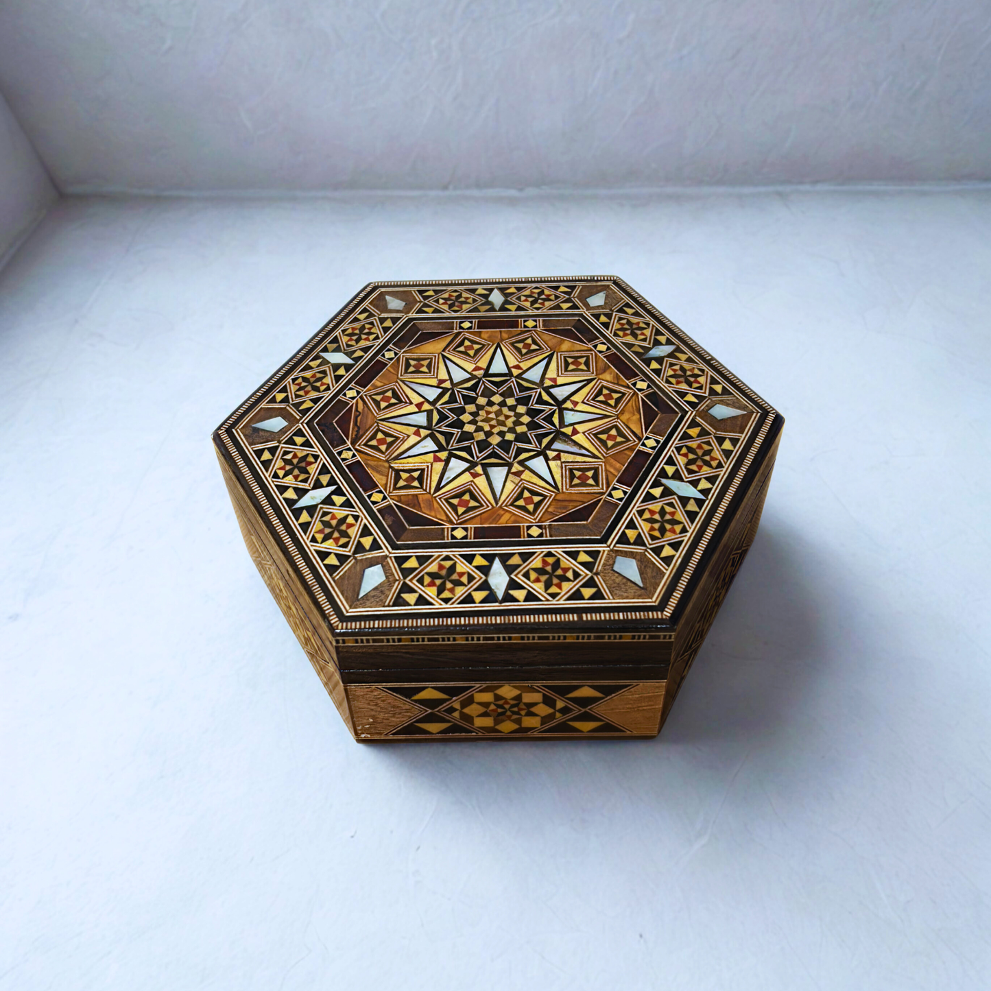Handcrafted Damascene Mosaic Box – Mother of Pearl & Velvet Elegance