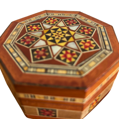 Octagonale damasceense mozaïek sieradendoos – Handgemaakt hout met parelmoer inleg in warme rustieke terracotta