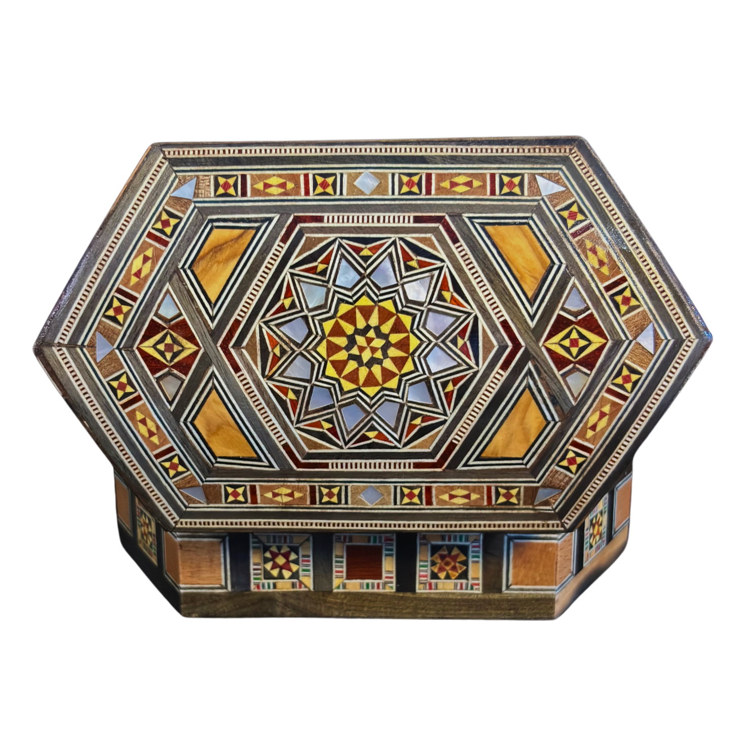 Luxe Damascene mozaïekdoos met echte parelmoerinleg en wijnrood fluwelen interieur.