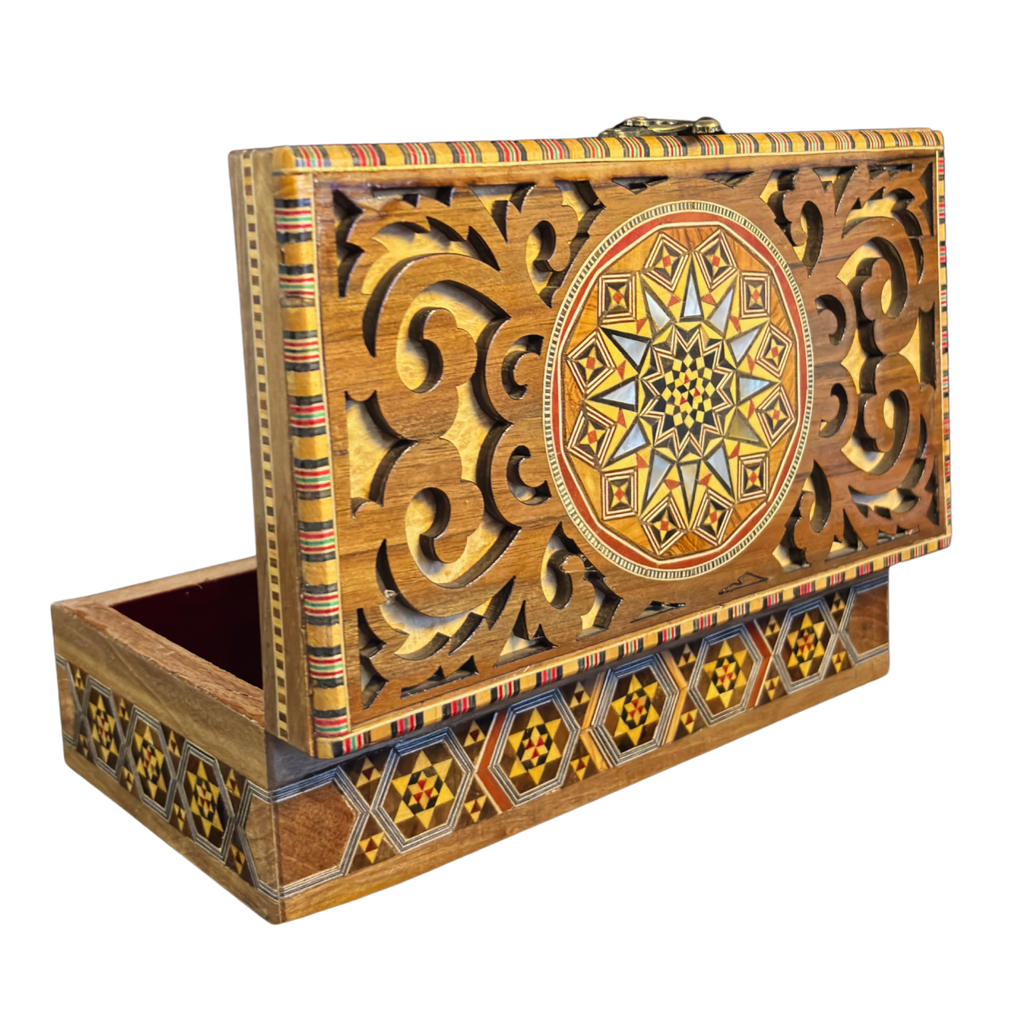 Handgemaakte Damascene Mozaïekdoos – Parelmoer & Houtsnijwerk