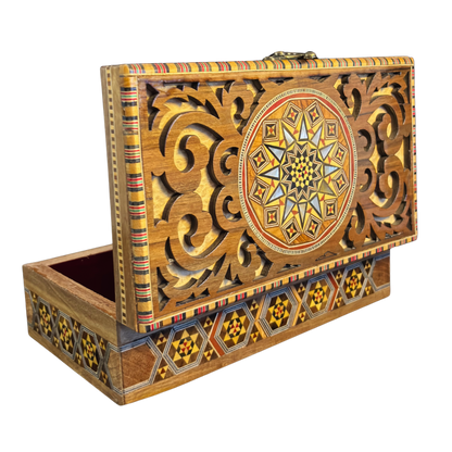 Handgemaakte Damascene Mozaïekdoos – Parelmoer & Houtsnijwerk