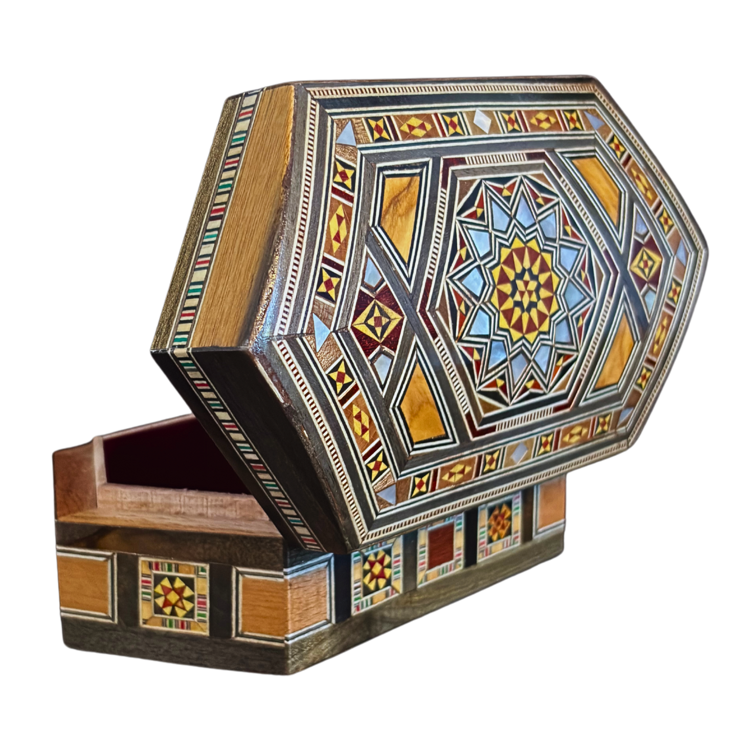 Luxe Damascene mozaïekdoos met echte parelmoerinleg en wijnrood fluwelen interieur.