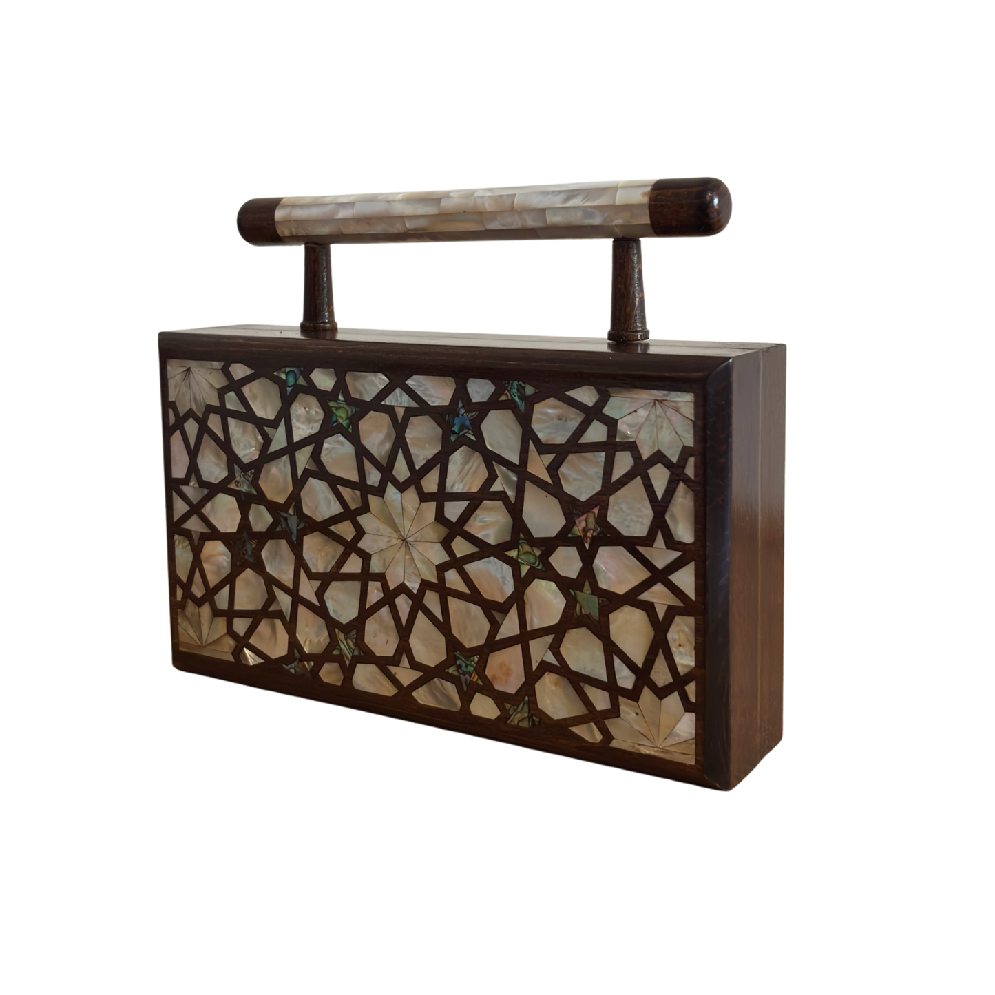 Der Himmlische Stern – Handgefertigte Damaszener Clutch aus Nussbaumholz mit Perlmuttintarsien