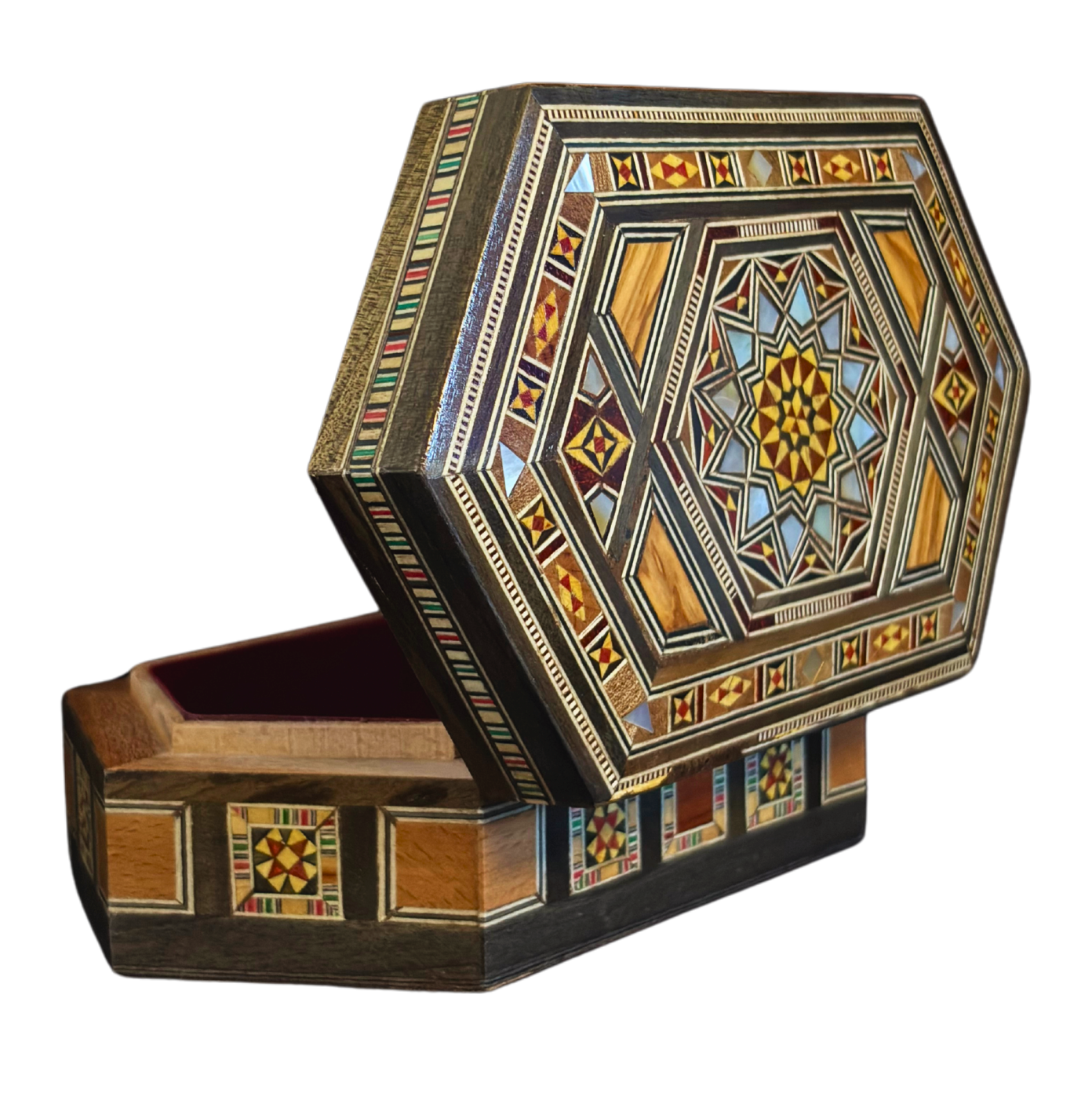 Handgefertigte Mosaik-Schatulle aus Damaskus – Perlmutt & Samt