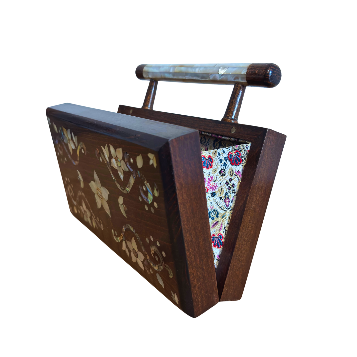 The Garden of Noor – Handcrafted Damascene Walnut Clutch with Floral Mother of Pearl Inlay