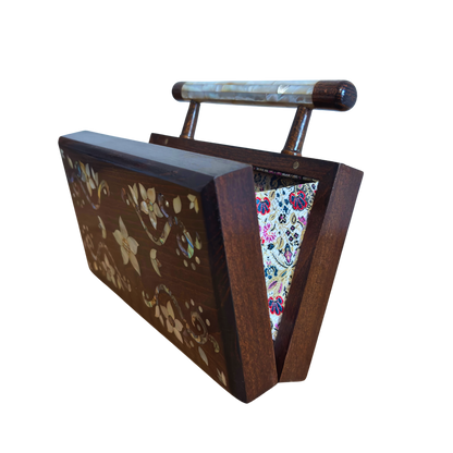 The Garden of Noor – Handcrafted Damascene Walnut Clutch with Floral Mother of Pearl Inlay