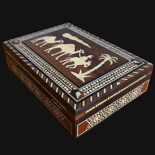 Vintage Damascene Mosaic Box from the 1970s, Camel Design, Handmade Syrian Keepsake Box