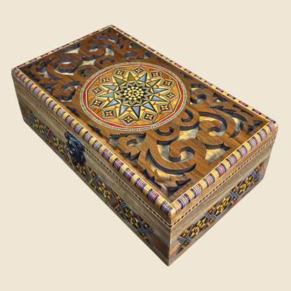 Handgemaakte Damascene Mozaïekdoos – Parelmoer & Houtsnijwerk