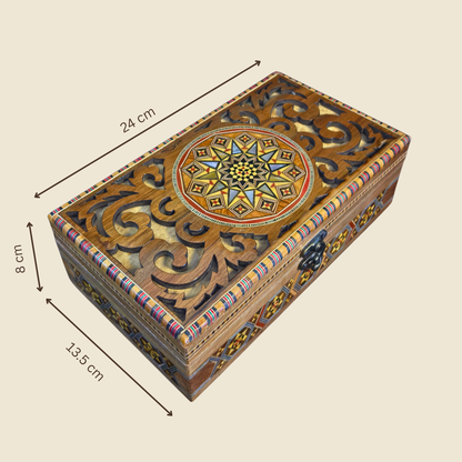 Handgemaakte Damascene Mozaïekdoos – Parelmoer & Houtsnijwerk