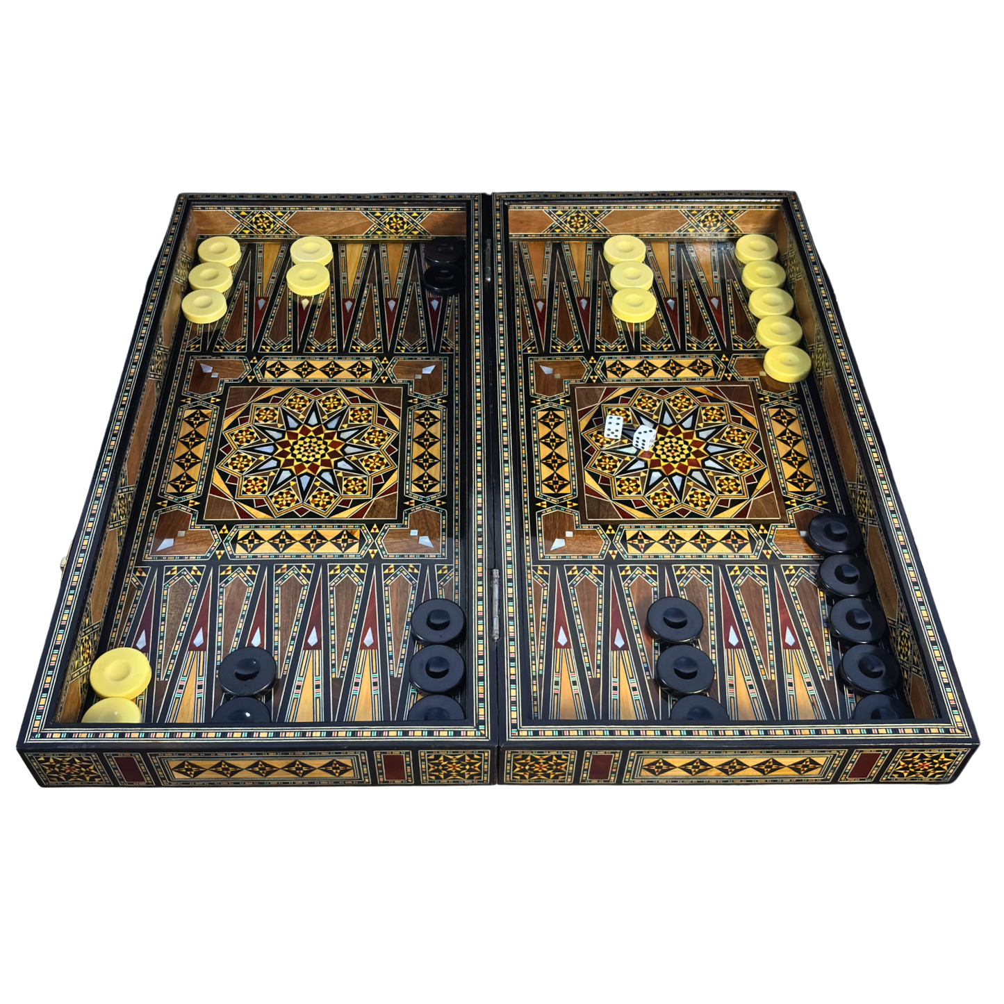Luxury Mosaic Chess & Backgammon Set – Damascene Art & Mother of Pearl