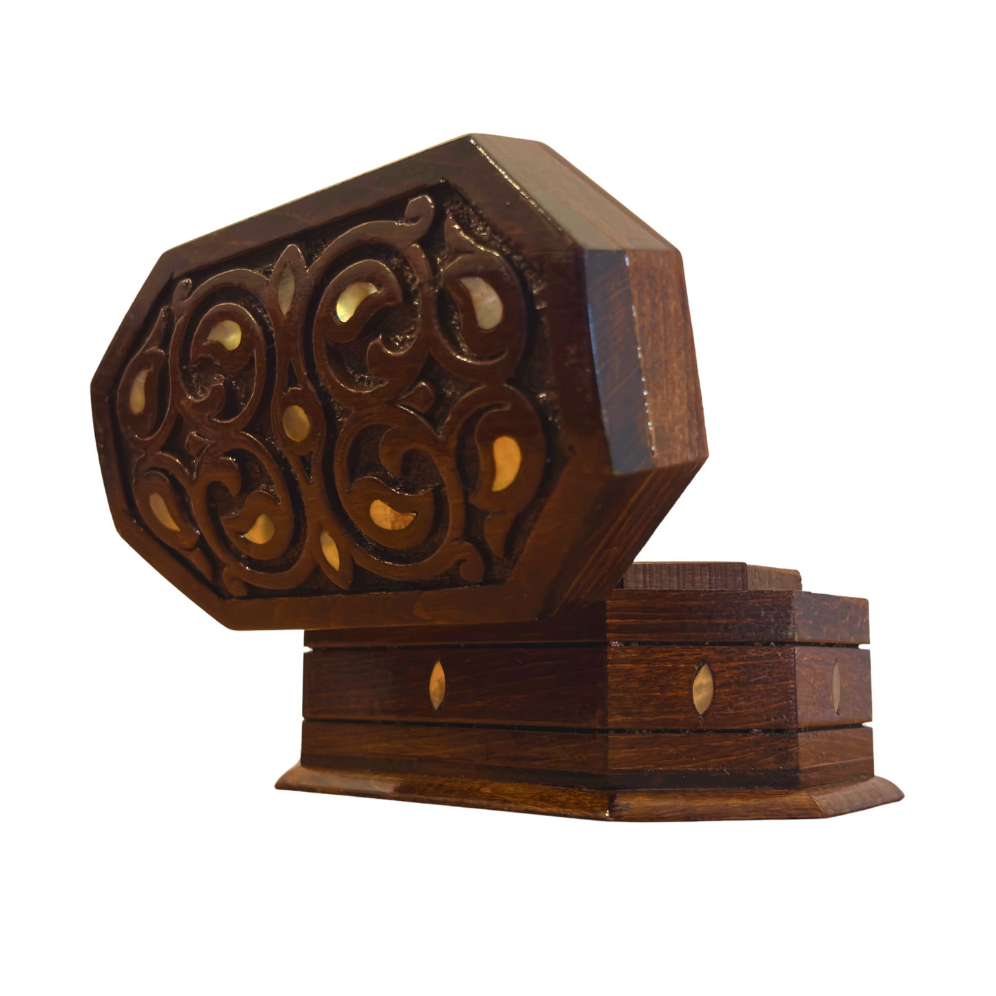 Ręcznie Rzeźbione Pudełko z Buku – Masa Perłowa i Wykończenie Orzechowe