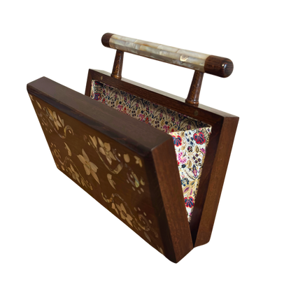 The Garden of Noor – Handcrafted Damascene Walnut Clutch with Floral Mother of Pearl Inlay