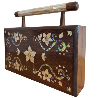 The Garden of Noor – Handcrafted Damascene Walnut Clutch with Floral Mother of Pearl Inlay